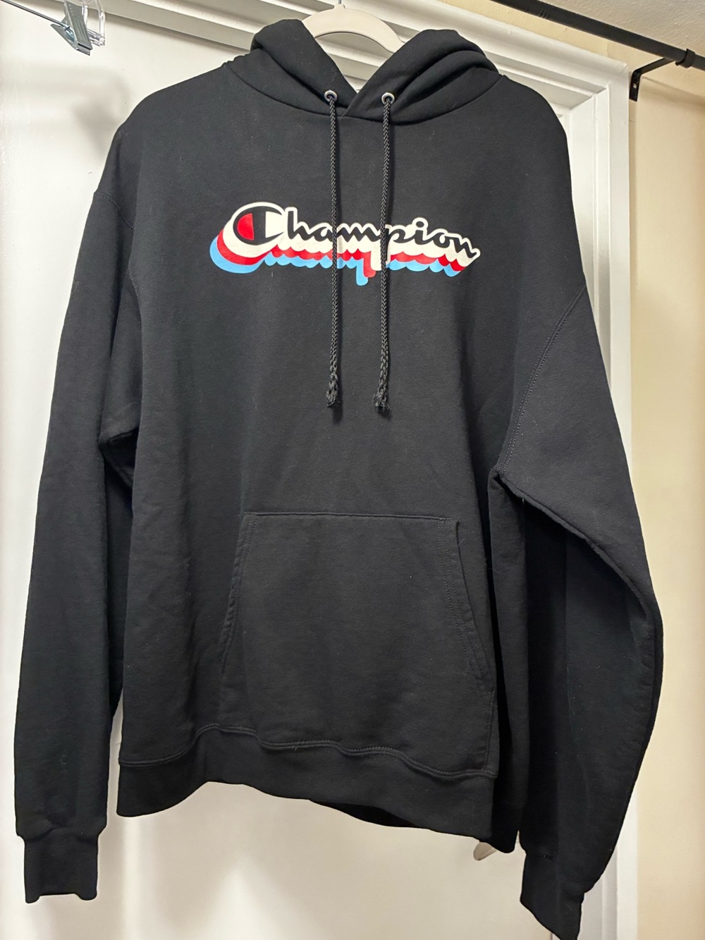 Black Champion Hoodie Sweatshirt with Blue and Red Logo